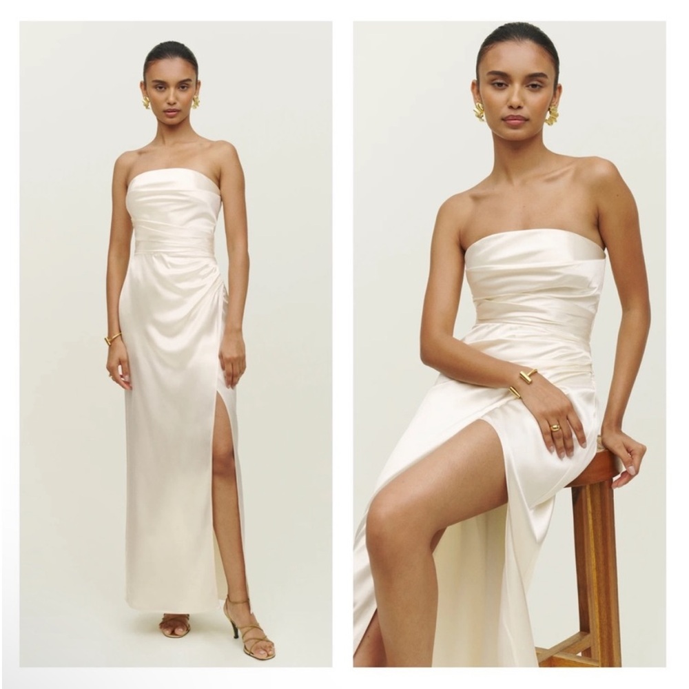 NEW NWT REFORMATION Barrow Silk Dress Ivory Strapless Maxi Slit Wedding